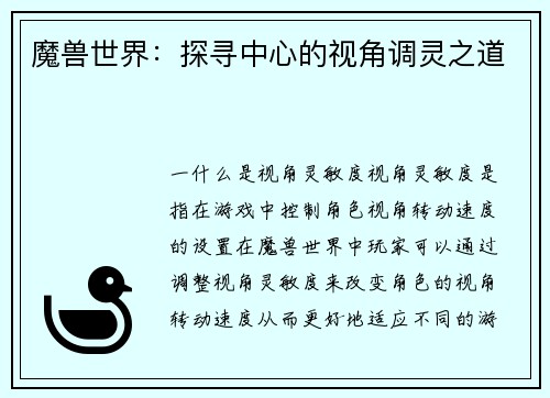 魔兽世界：探寻中心的视角调灵之道
